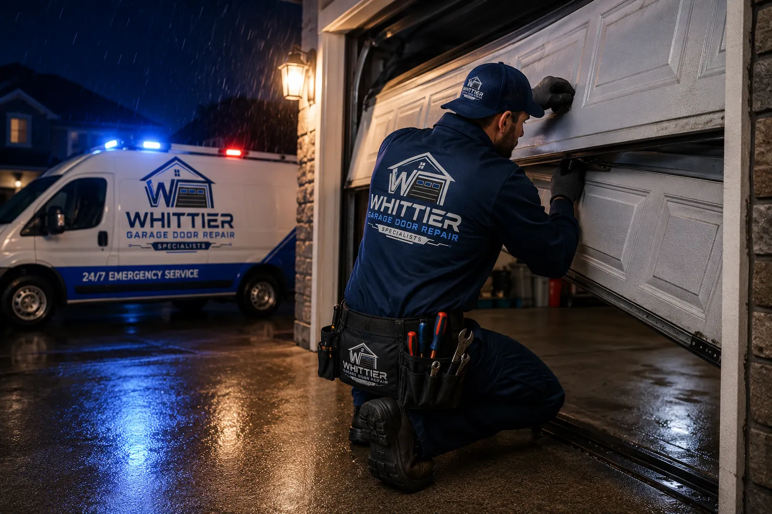 Technician performing emergency garage door repair in Whittier