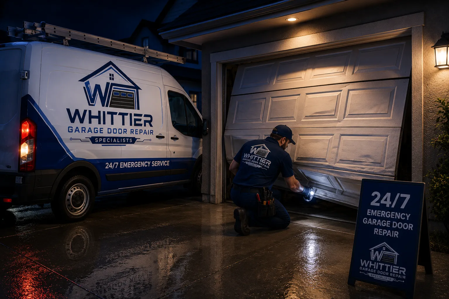 Emergency garage door repair technician helping a Whittier homeowner