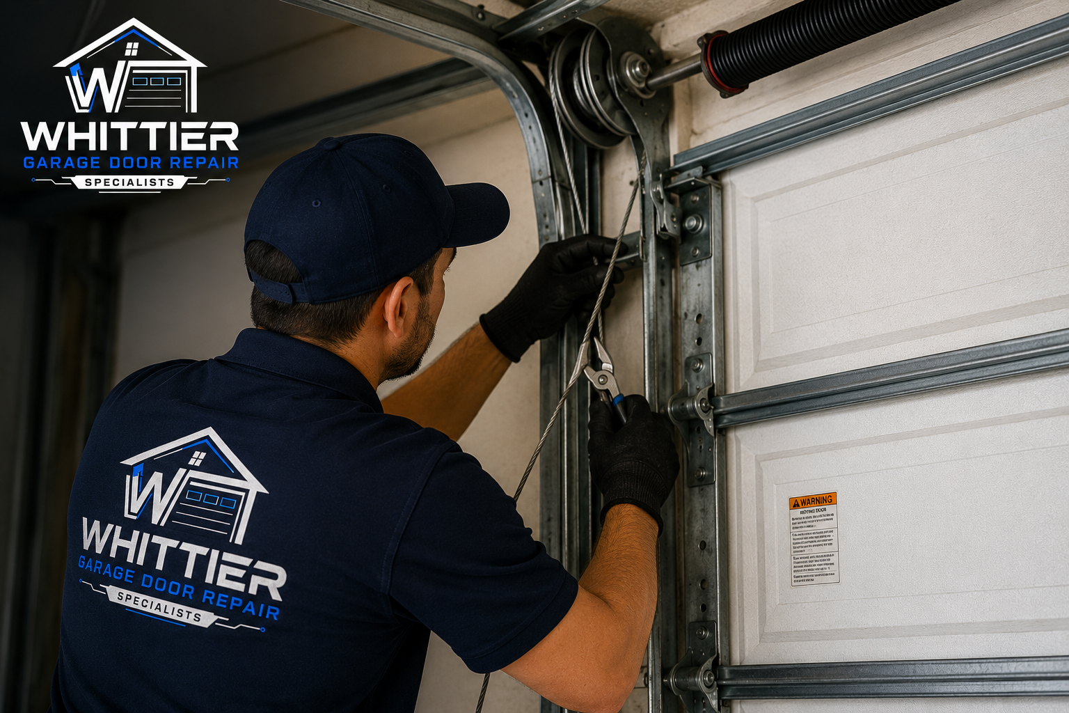 Technician handling garage door cable repair in Whittier