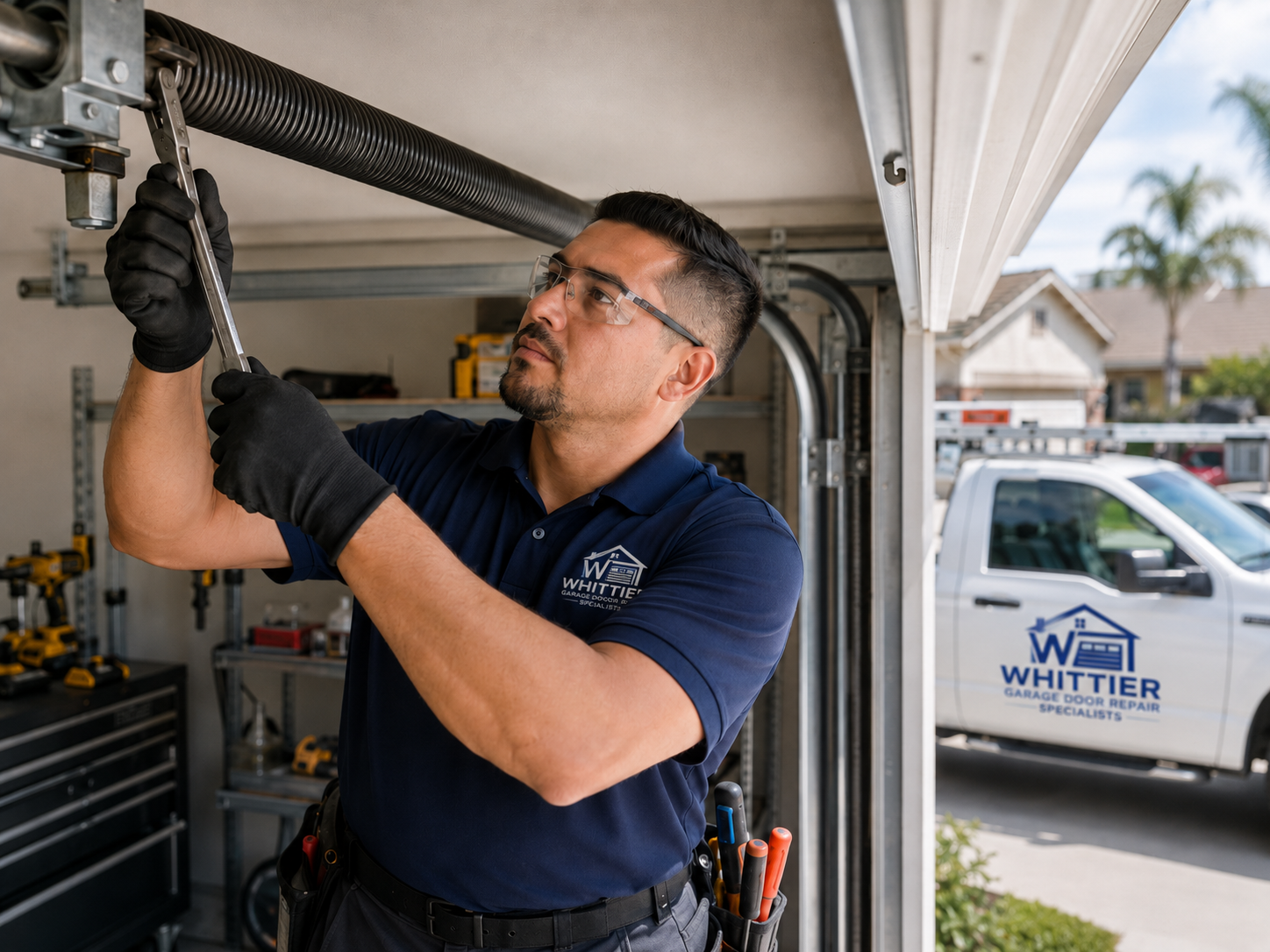 Technician performing garage door spring repair inside a Whittier garage