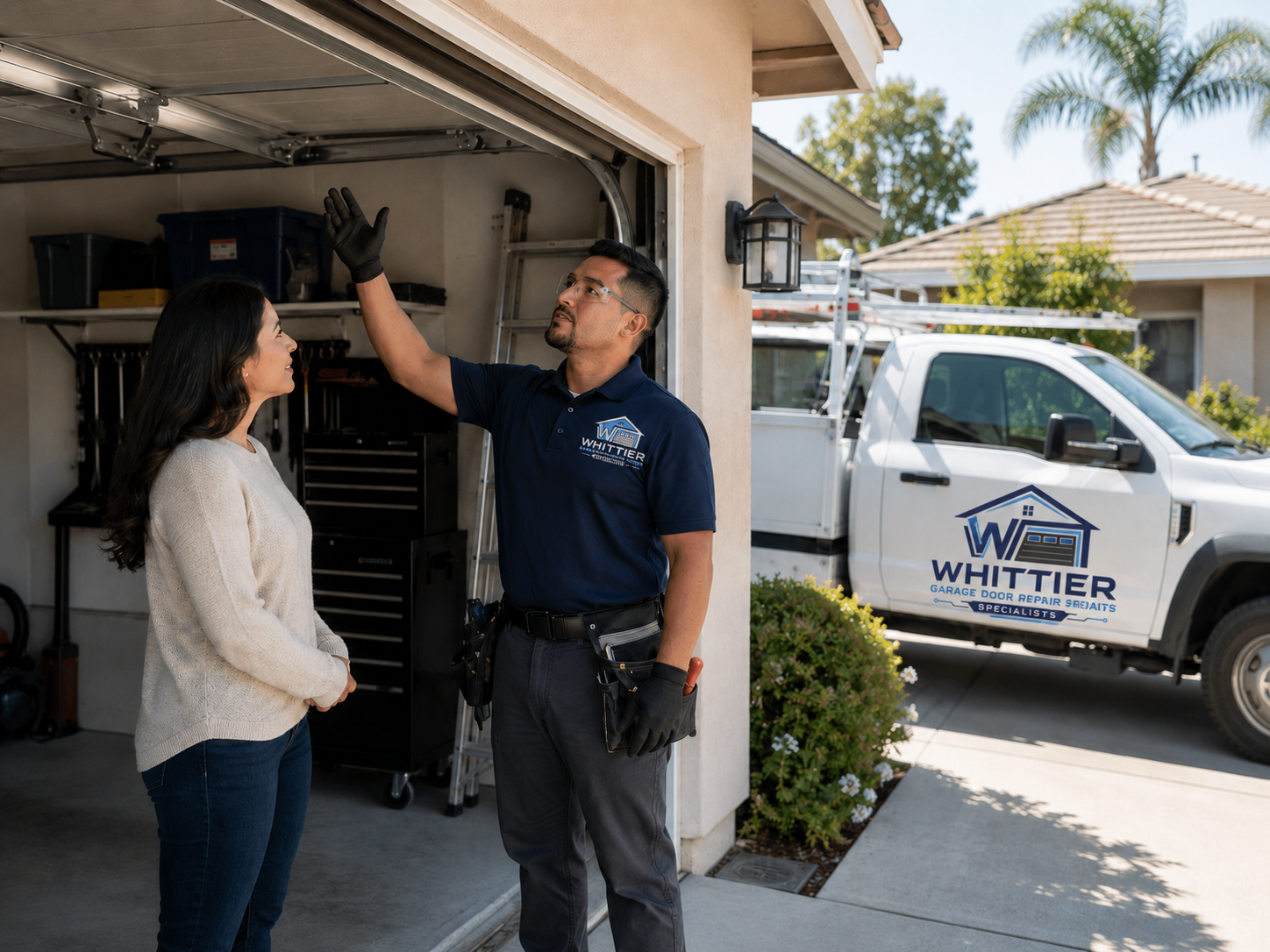 Whittier garage door technician explaining a spring repair to a homeowner