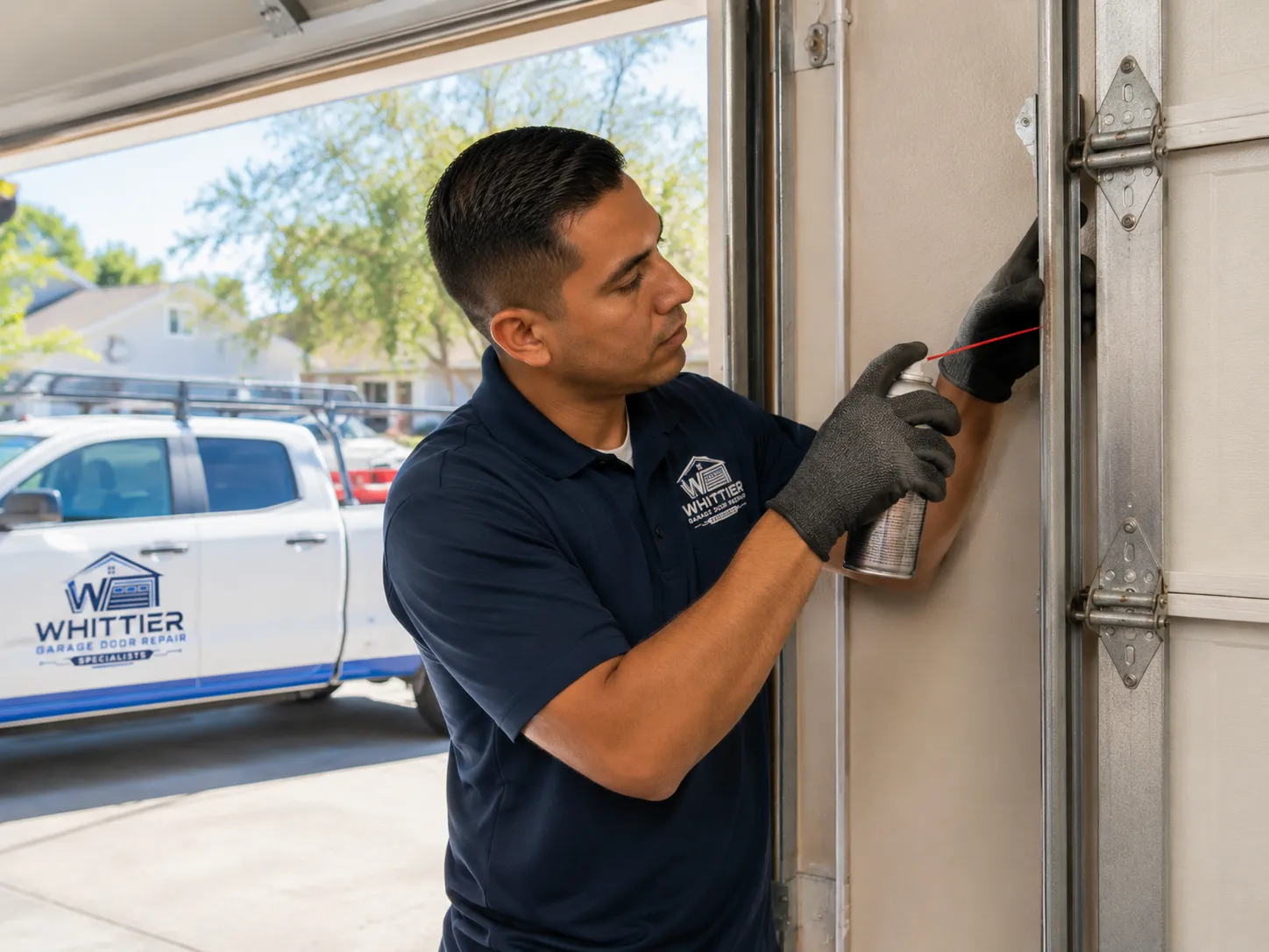 Technician performing a garage door tune-up inspection in Whittier