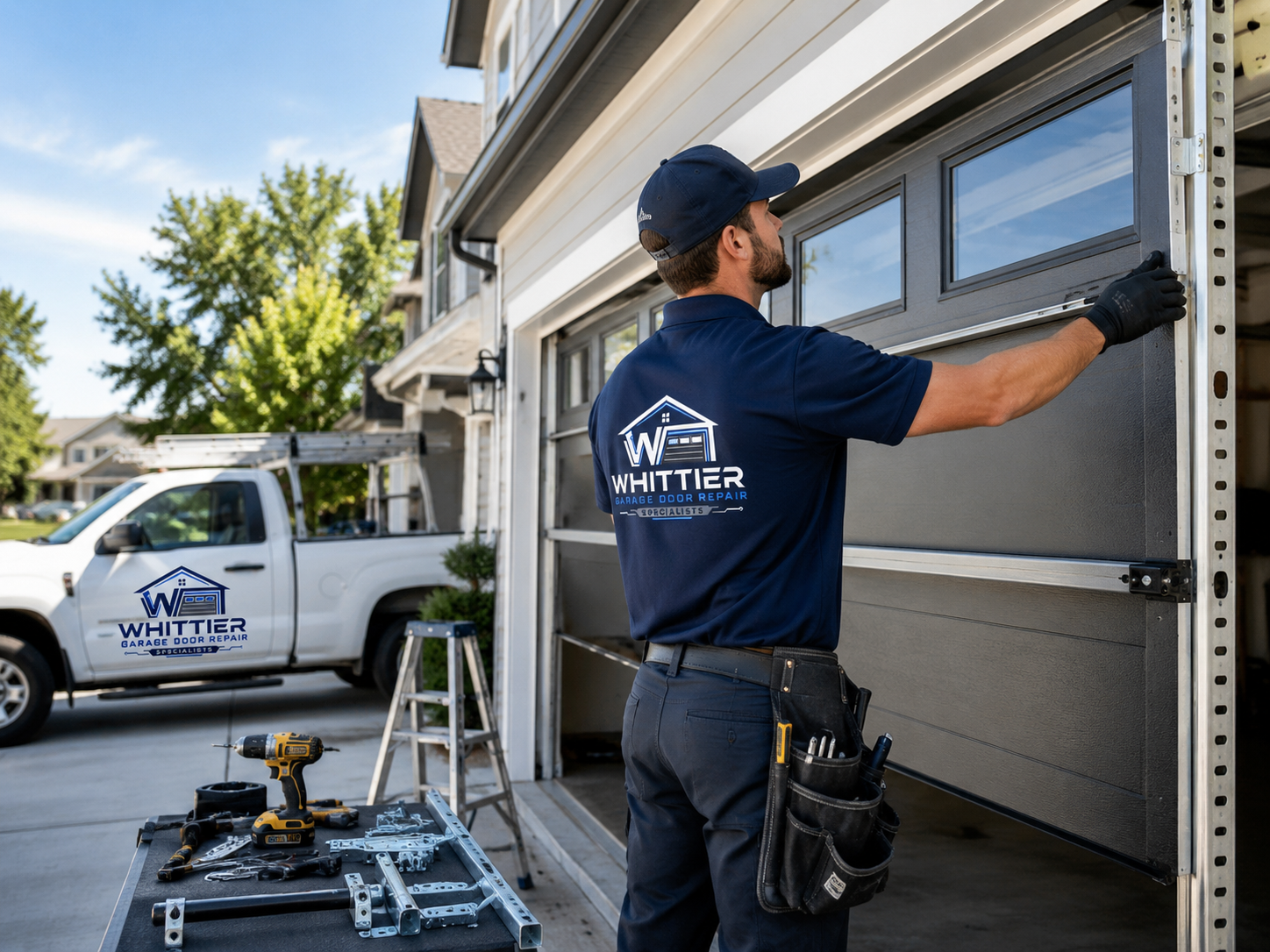 Technician installing a modern garage door in Whittier