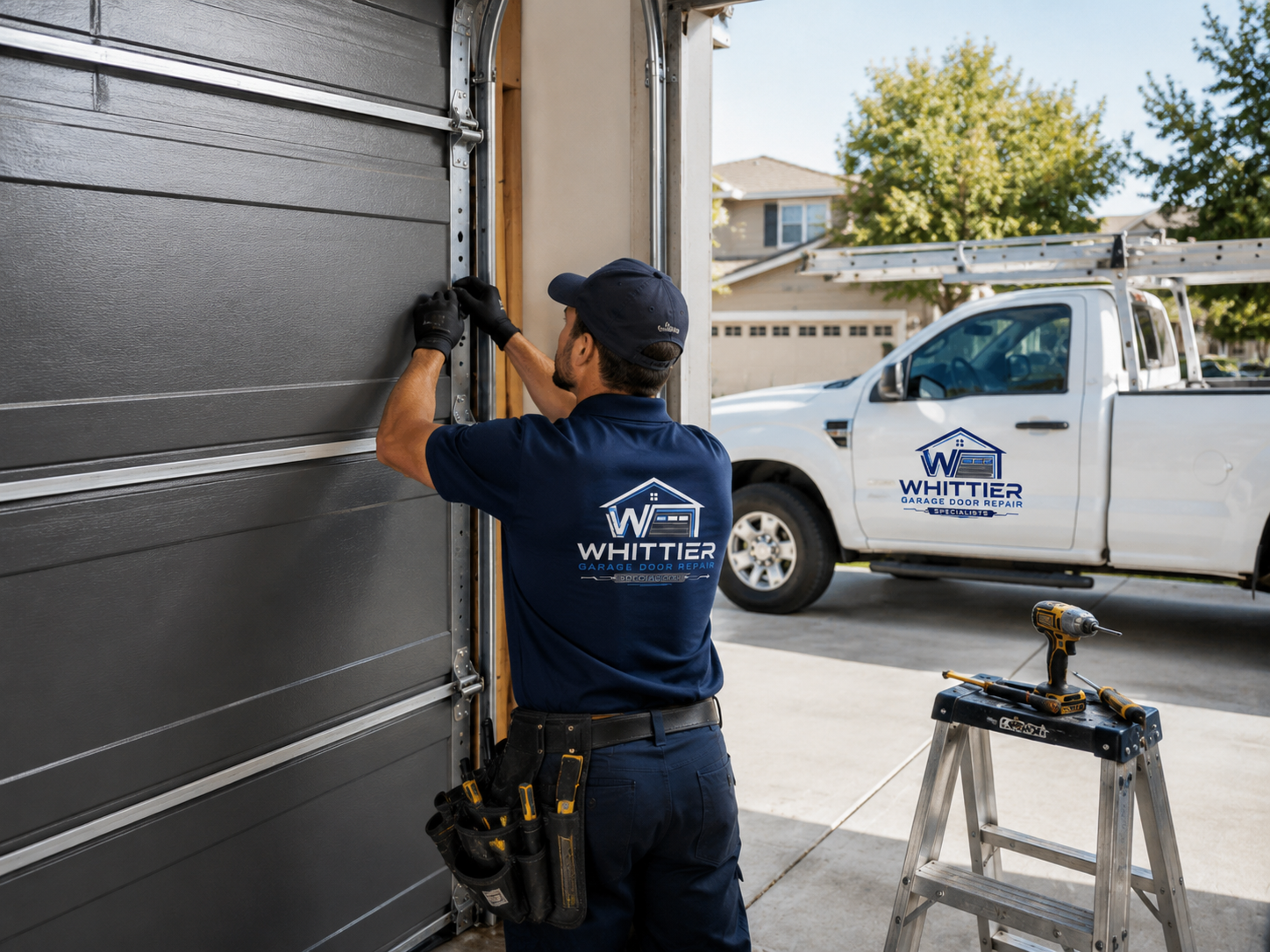 Technician completing hardware installation on a new garage door in Whittier