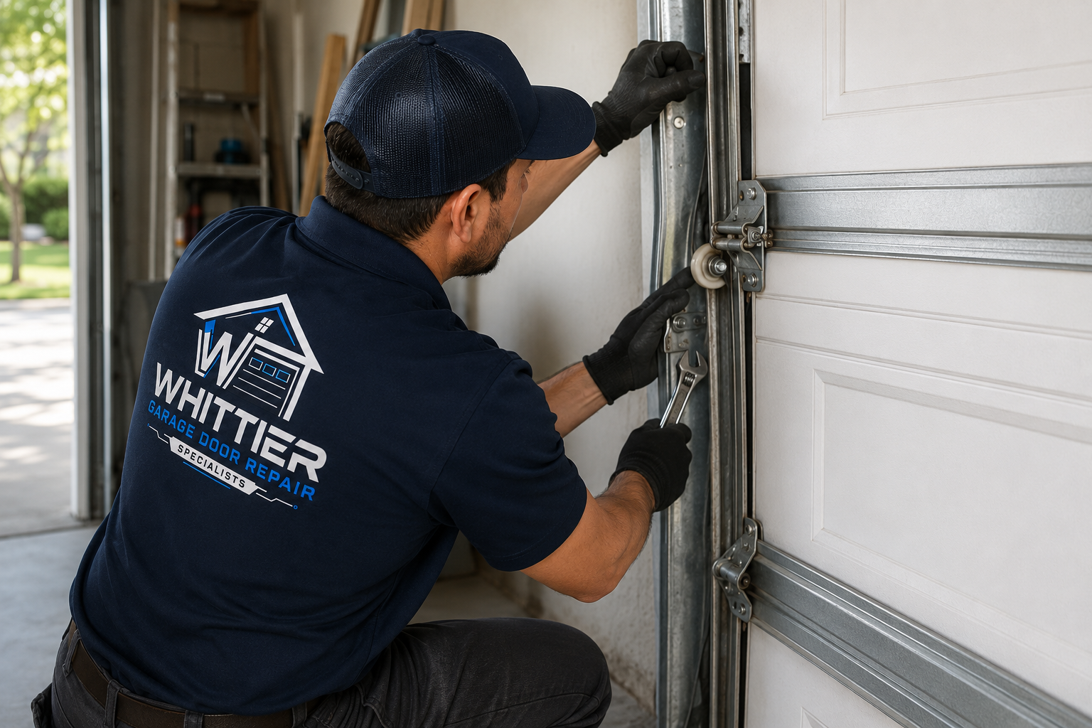 Technician inspecting an off-track garage door in Whittier, CA