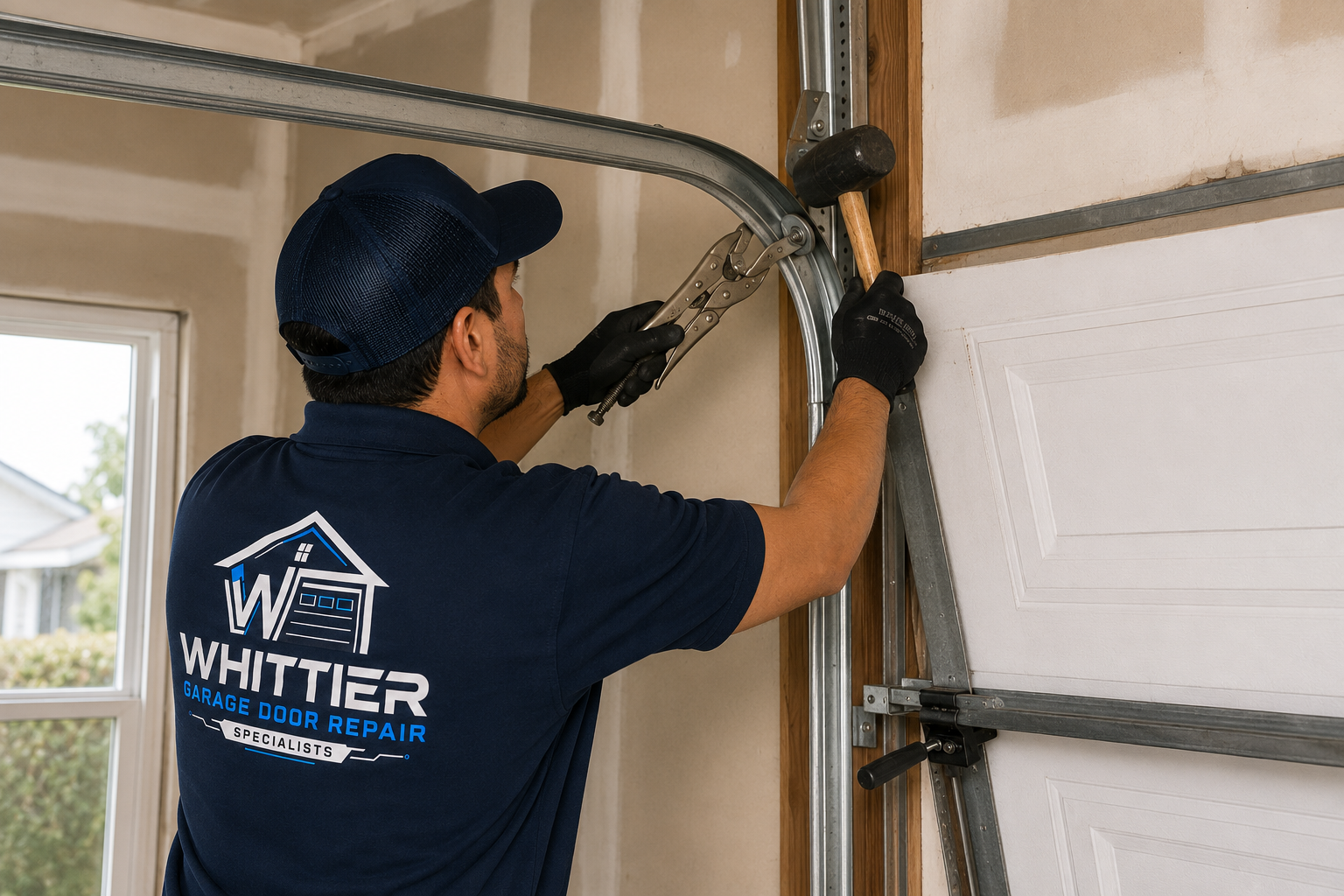 Technician completing off-track garage door repair in Whittier, CA