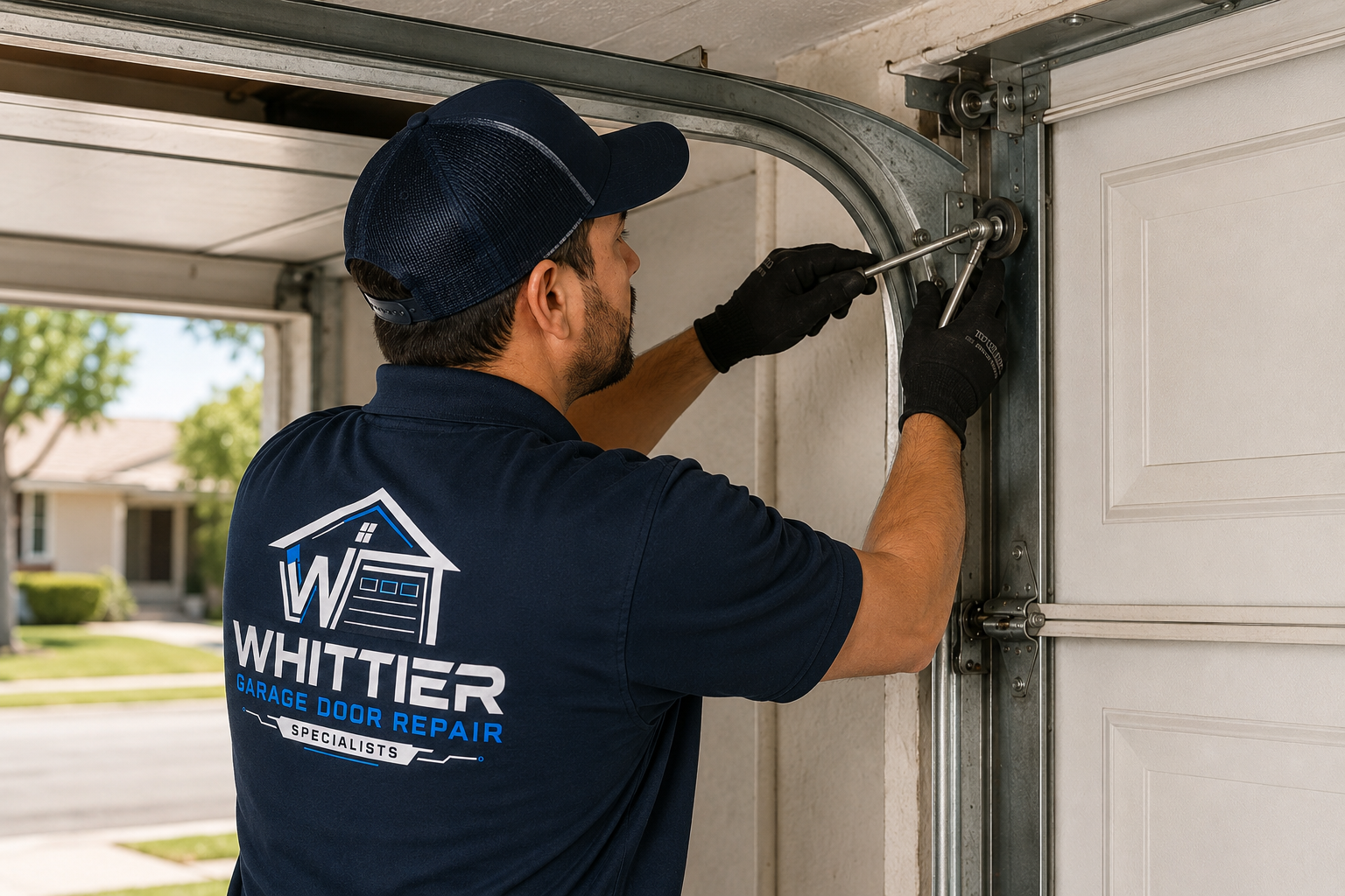 Technician completing garage door roller replacement service in Whittier, CA