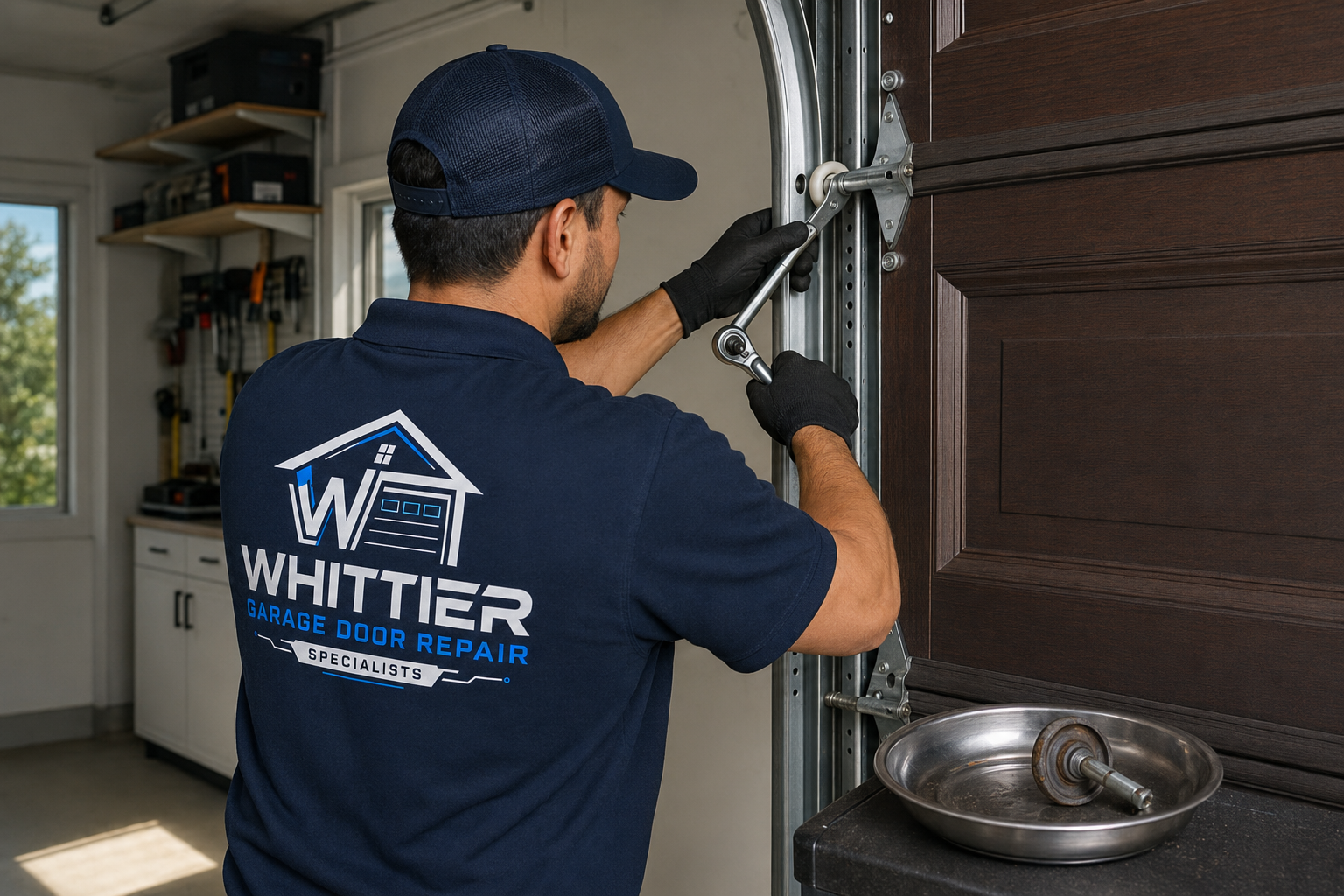 Garage door roller replacement technician inspecting rollers and tracks in Whittier, CA