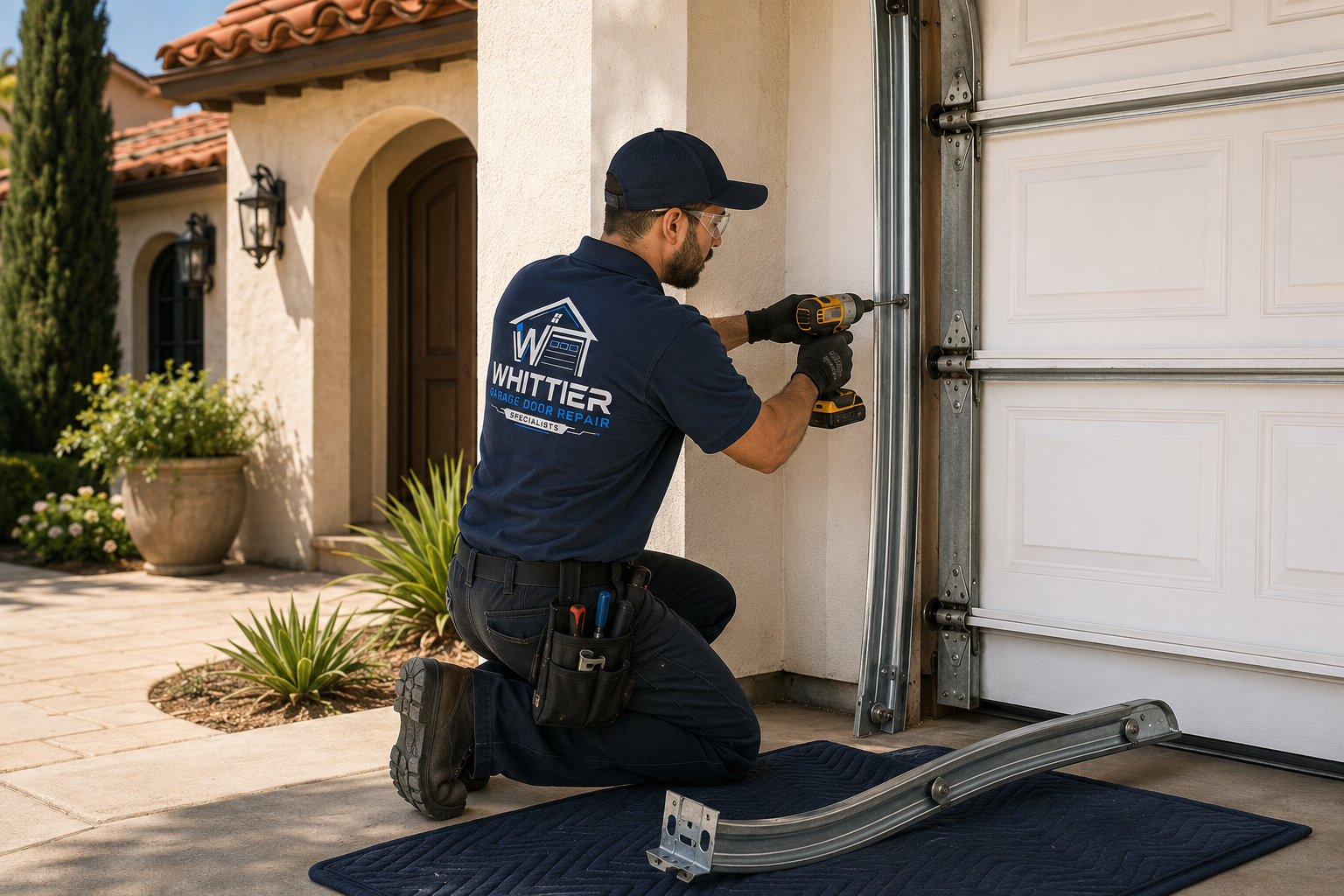 Technician performing garage door track repair at a Spanish-style Whittier home