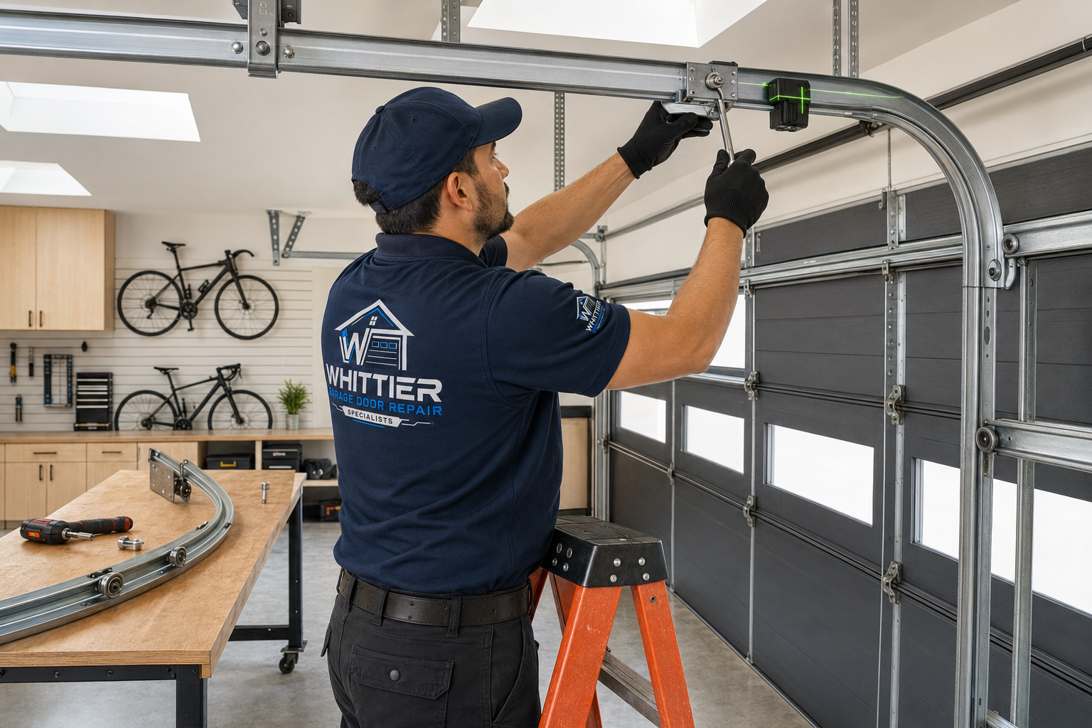 Technician completing garage door track replacement in a modern Whittier workshop